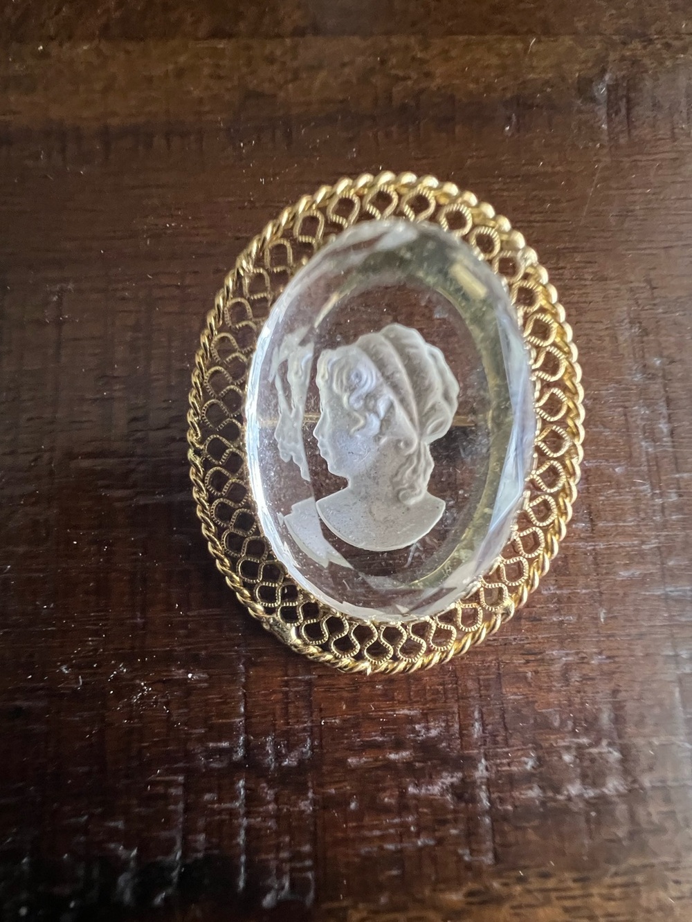 Vintage Gold Cameo Brooch with Clear Glass Cameo